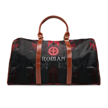Gothic Waterproof Travel Bag — Personalized 'Roman' Duffel with Dark Cathedral Design