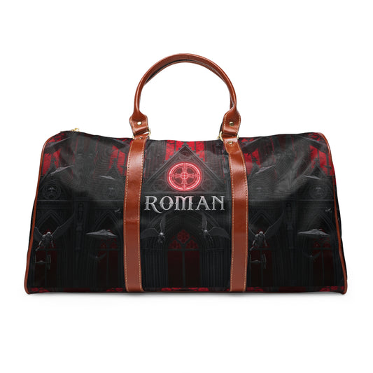 Gothic Waterproof Travel Bag — Personalized 'Roman' Duffel with Dark Cathedral Design