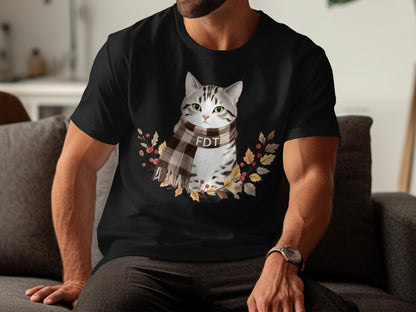 Cozy Cat with Scarf Autumn Leaves Graphic T-shirt