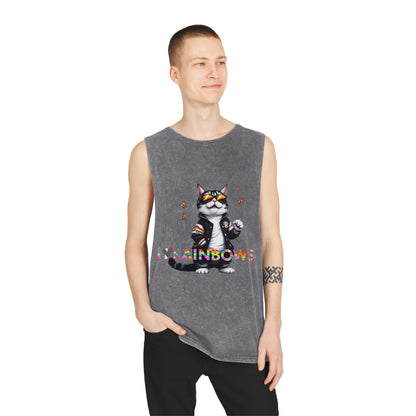 Unisex Stonewash Tank Top - Cute Cat with 'I Love Rainbows' Design