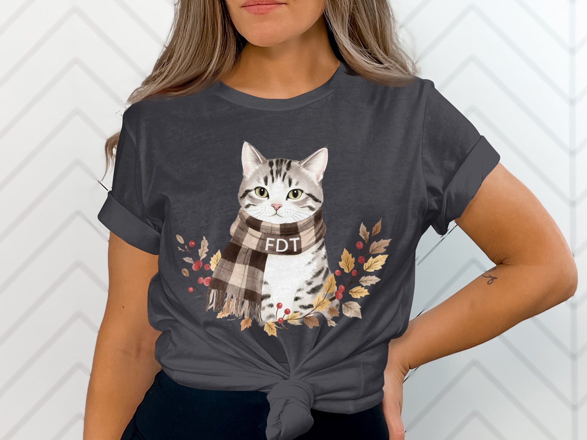 Adorable FDT Cat Wearing Scarf Design T-shirt