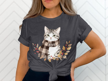 Adorable FDT Cat Wearing Scarf Design T-shirt