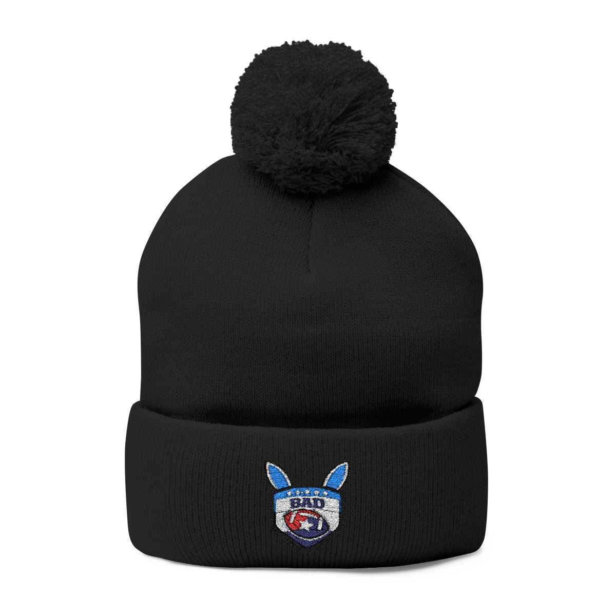 Black Pom Pom Beanie with Embroidered Cute Badge Design