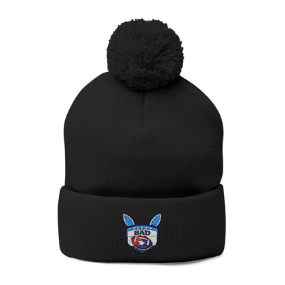 Black Pom Pom Beanie with Embroidered Cute Badge Design