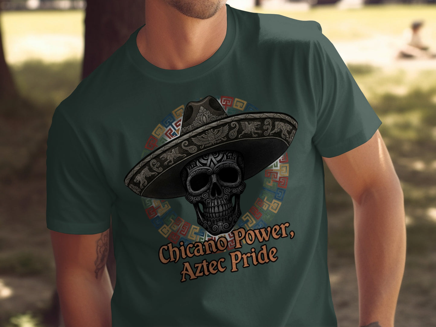 Chicano Power Aztec Pride Skull Design T-Shirt