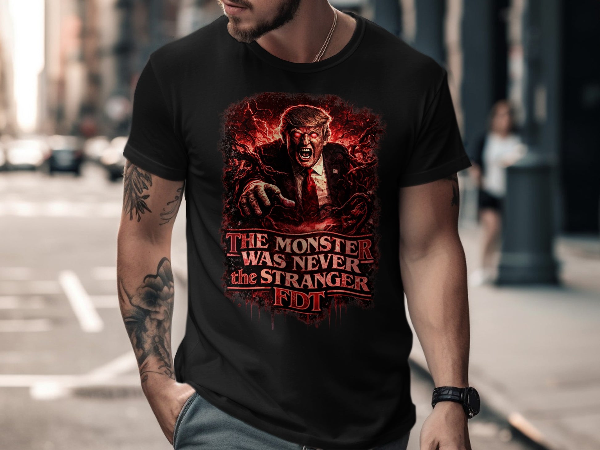 Black t-shirt with graphic of Donald Trump as a monster, text reads "THE MONSTER WAS NEVER THE STRANGER. FDT".