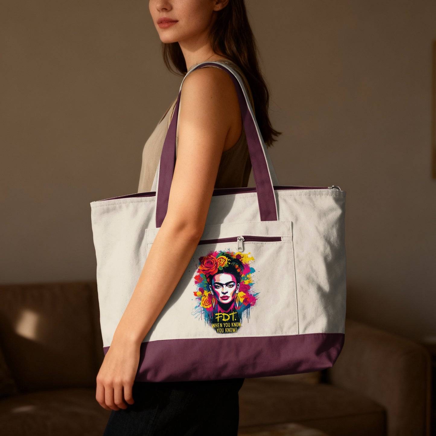 Tote bag with Frida Kahlo graphic and quote "FDT WHEN YOU KNOW YOU KNOW".