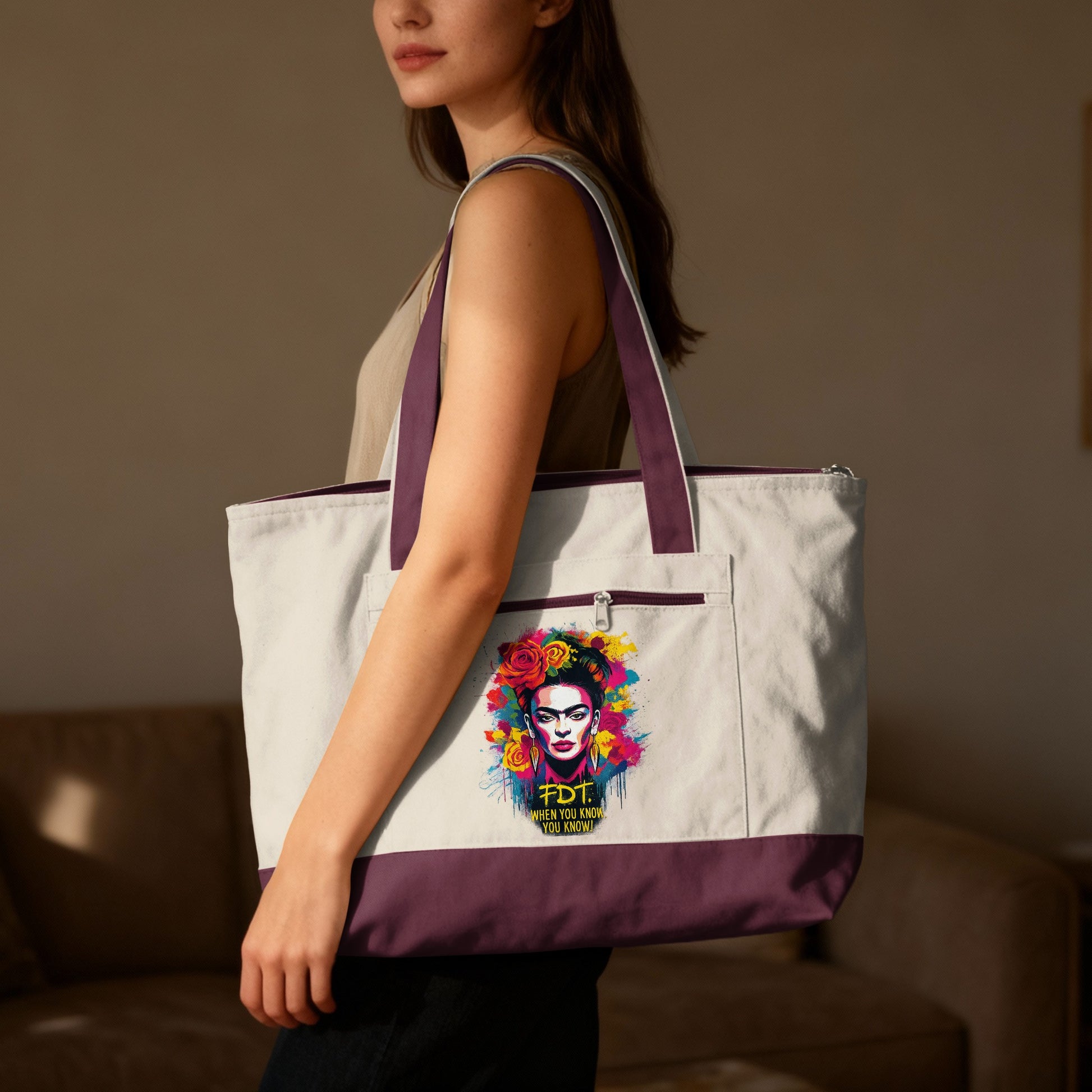 Tote bag with Frida Kahlo graphic and quote "FDT WHEN YOU KNOW YOU KNOW".