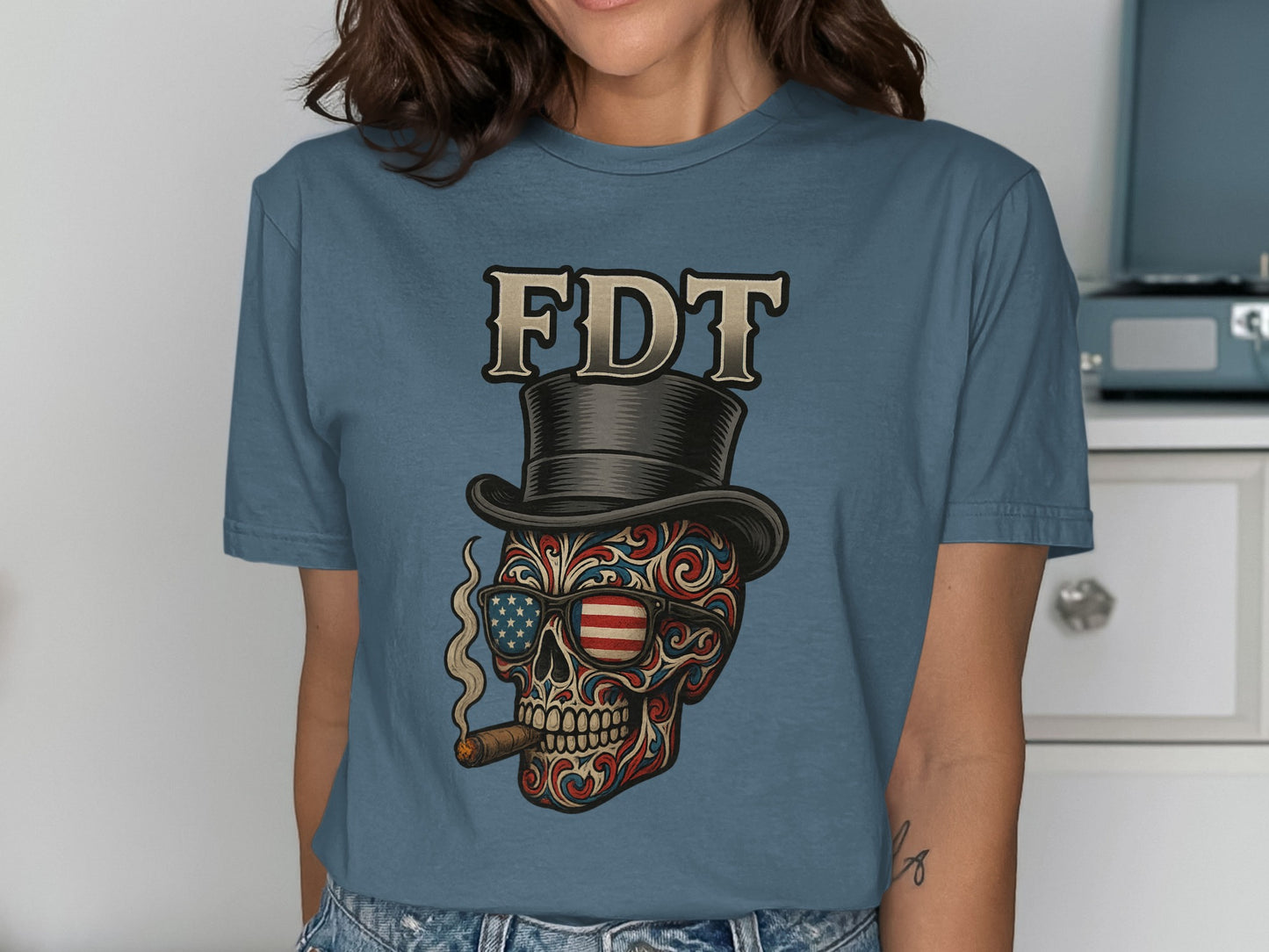 FDT Skull with Top Hat and American Flag T-shirt product