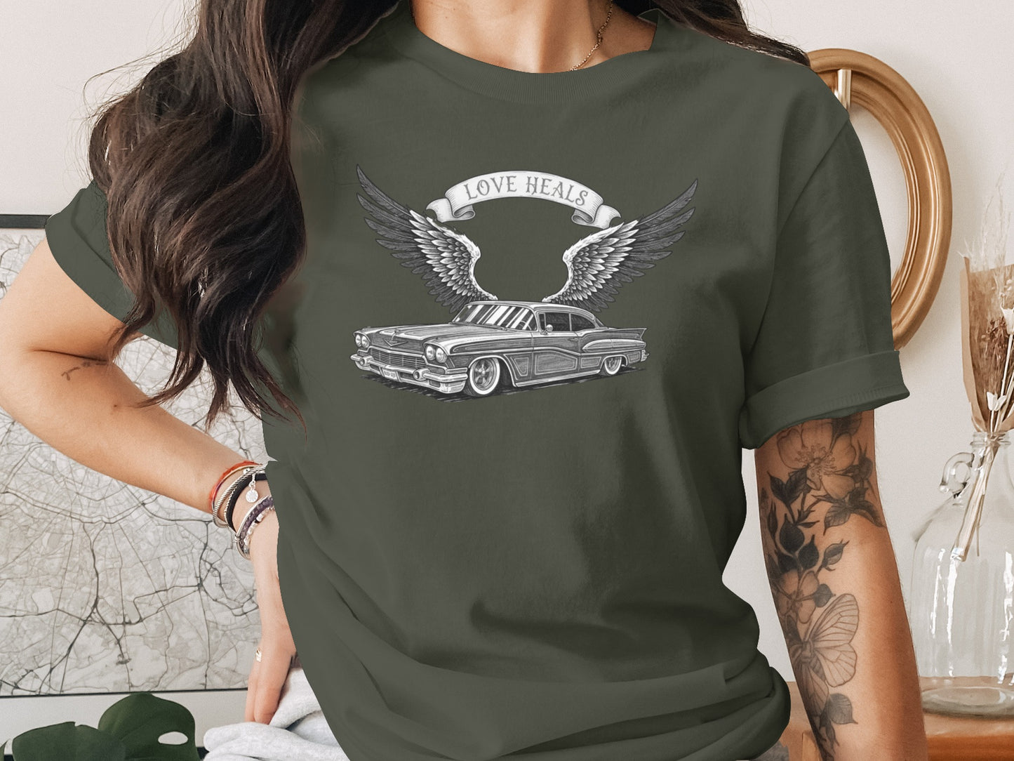 Love Heals Winged Car Graphic T-Shirt Design Shirt