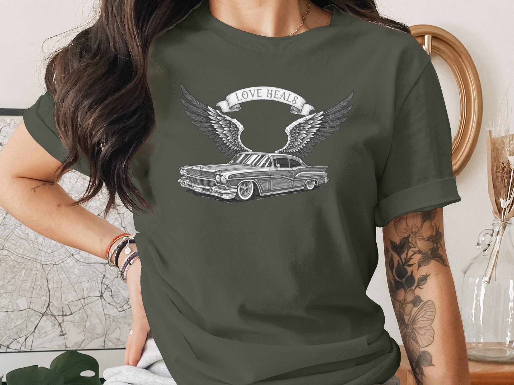 Love Heals Winged Car Graphic T-Shirt Design Shirt