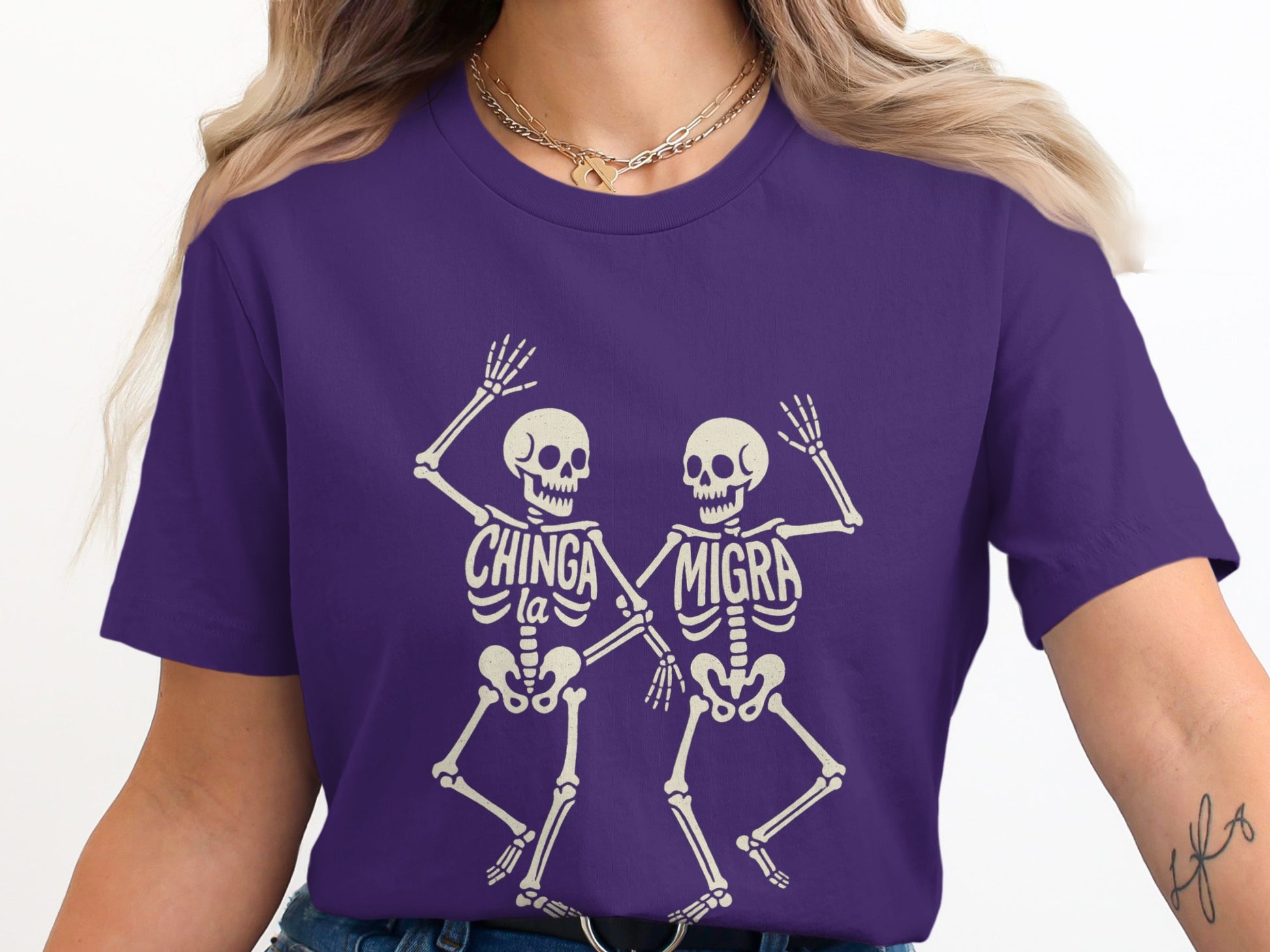 Chinga La Migra Graphic Tee with Dancing Skeletons T-shirt