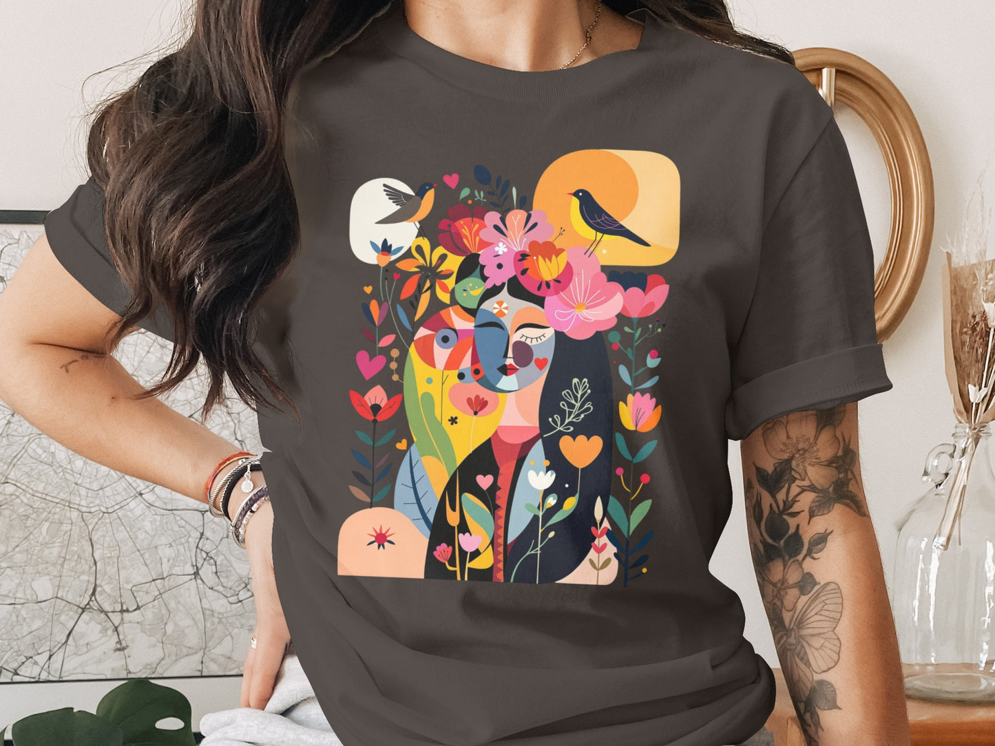 Vibrant Abstract Woman Face Floral Birds Sun Moon product type