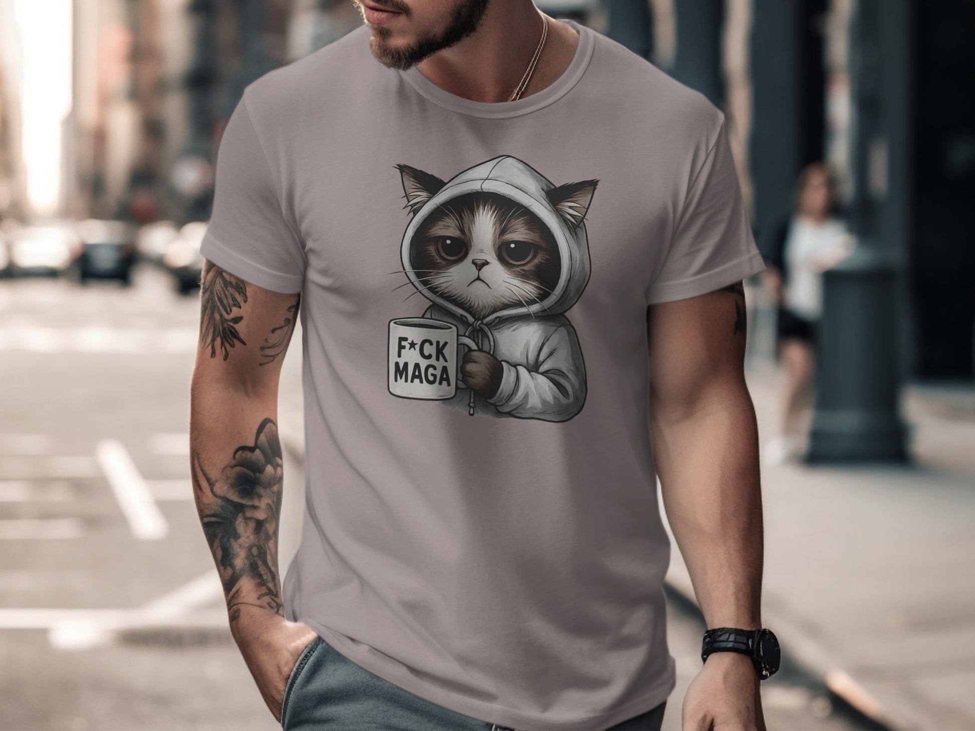 Cat in Hoodie with Anti MAGA Mug Graphic T-shirt