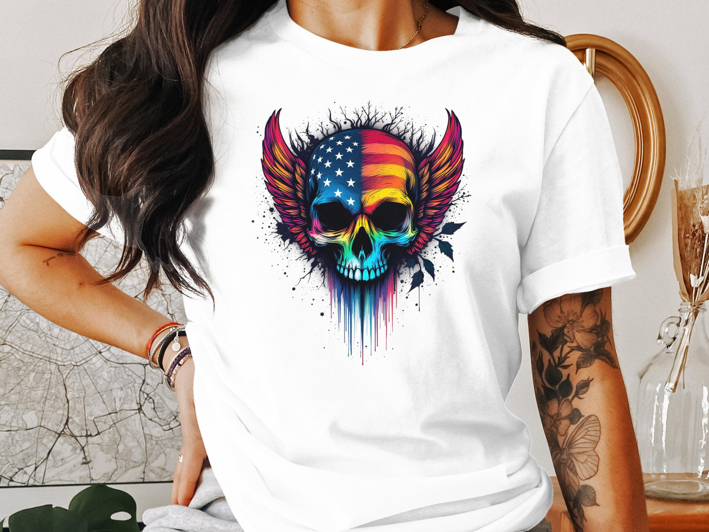 Colorful American Flag Skull with Wings T-shirt Product