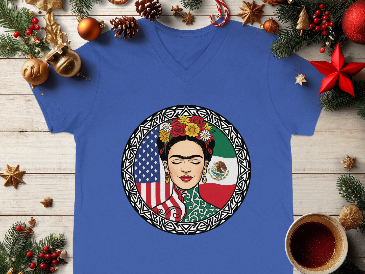 Frida Kahlo V-Neck T-Shirts with National Flags