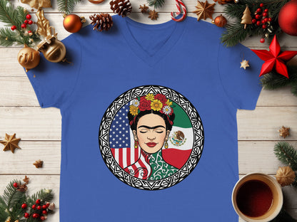 Frida Kahlo V-Neck T-Shirts with National Flags