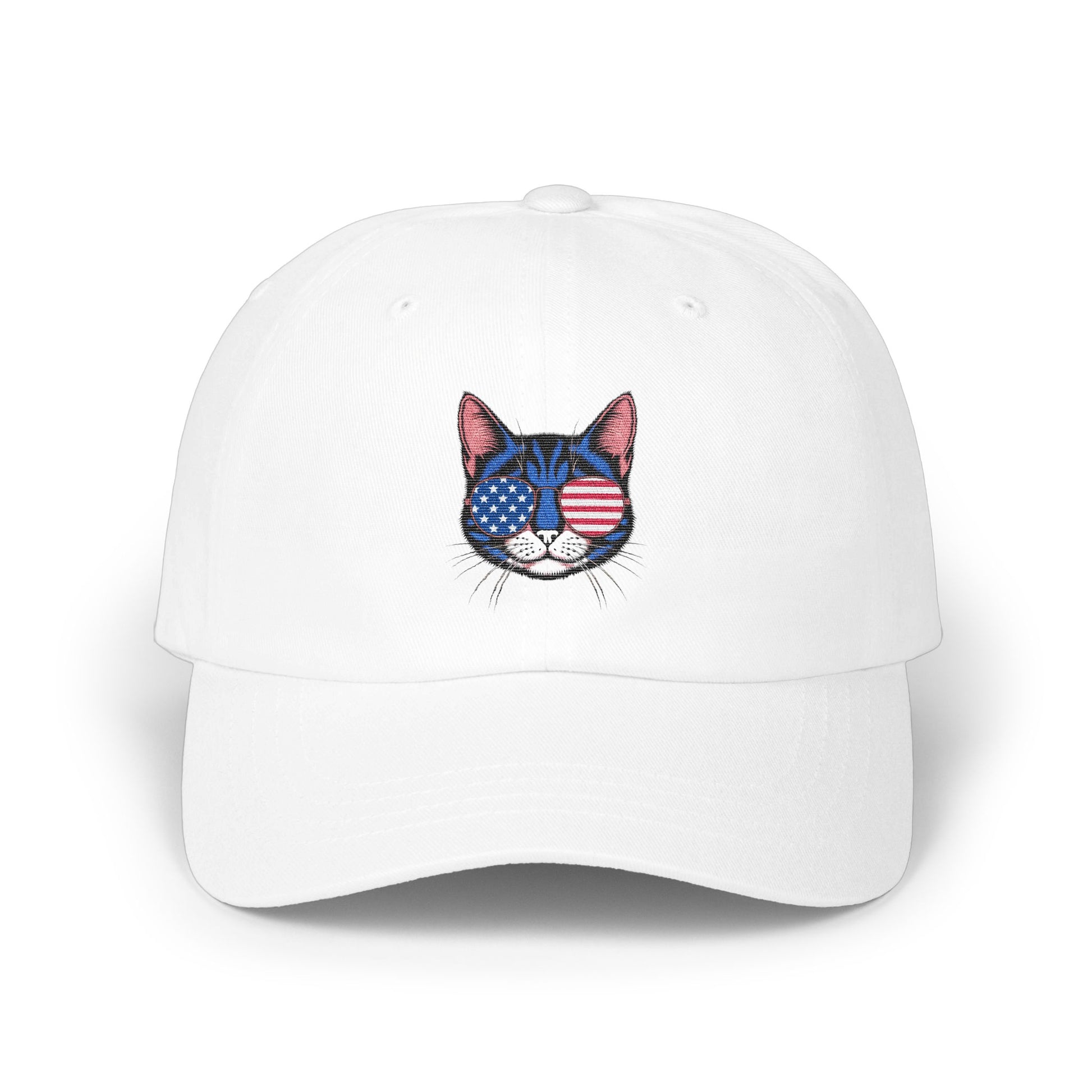 Cat with American Flag Eyes on White Baseball Cap product