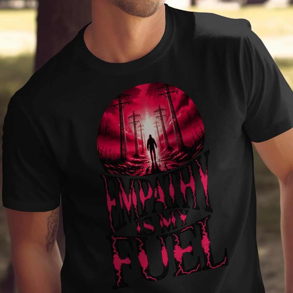 Black t-shirt with red circular graphic, "EMPATHY IS MY FUEL" text.