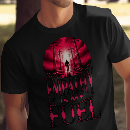 Black t-shirt with red circular graphic, "EMPATHY IS MY FUEL" text.