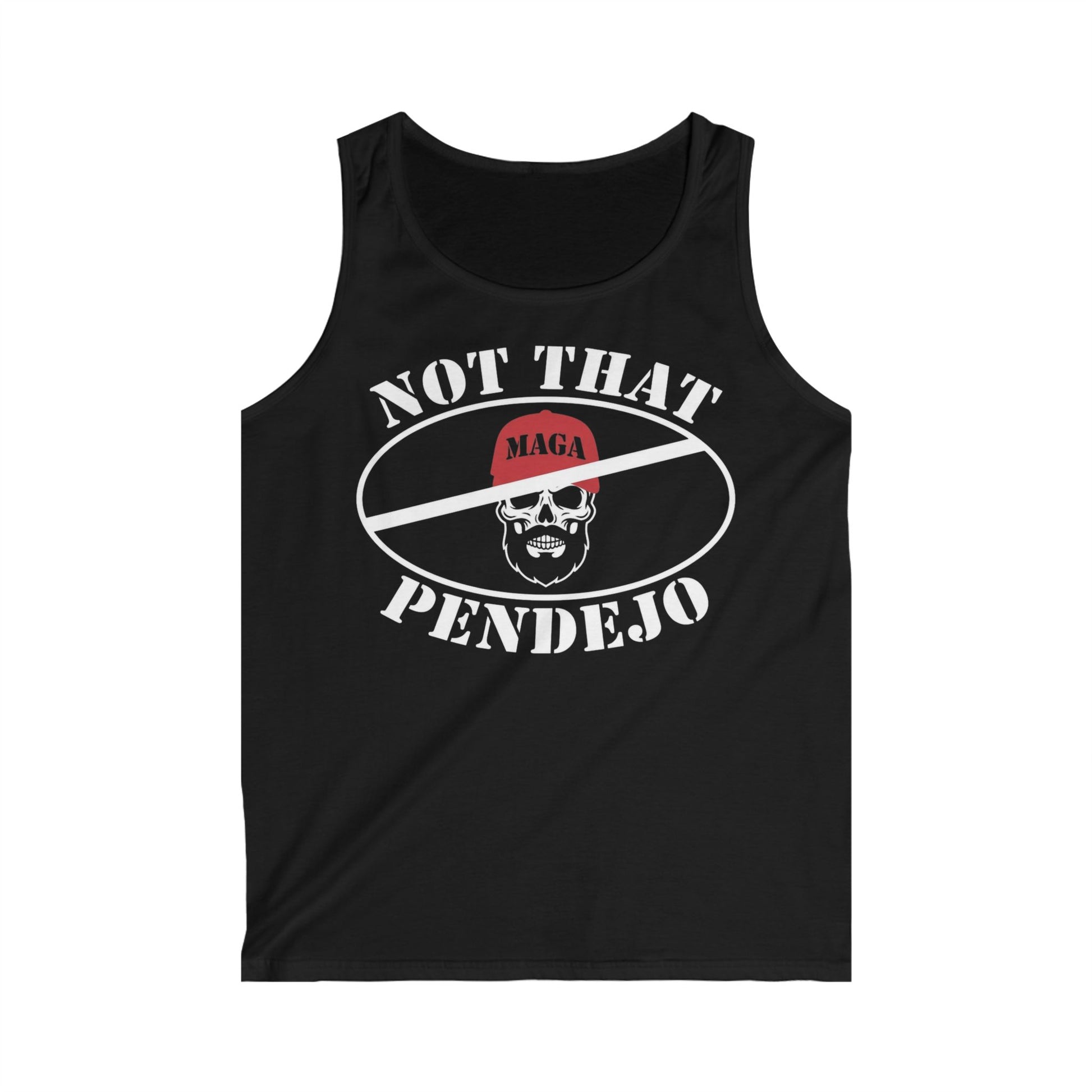 Black tank top with white text and a skull graphic.