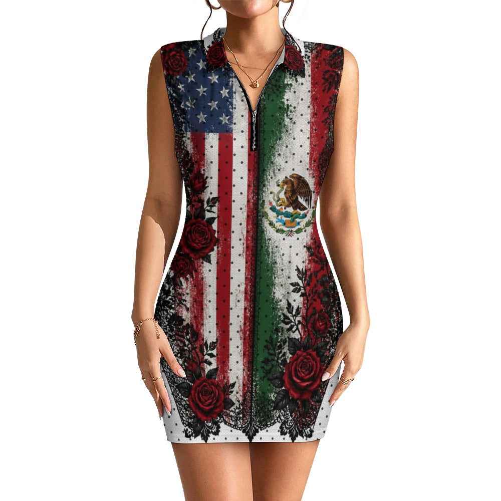 Mexican American Flag Dress, Sleeveless Bodycon Zip Dress for Women, USA Mexico Roses