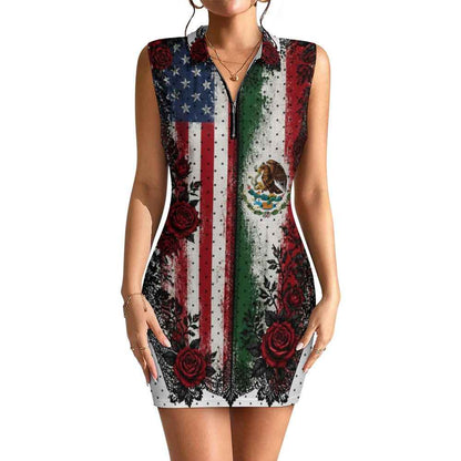 Mexican American Flag Dress, Sleeveless Bodycon Zip Dress for Women, USA Mexico Roses