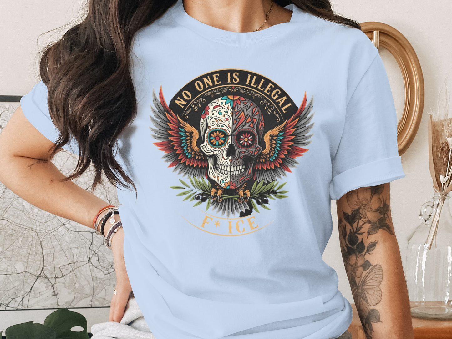 No One Is Illegal Skull Design Statement Shirt product type