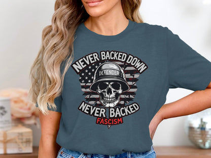 Never Backed Down Fascism Defender Helmet Graphic Tee