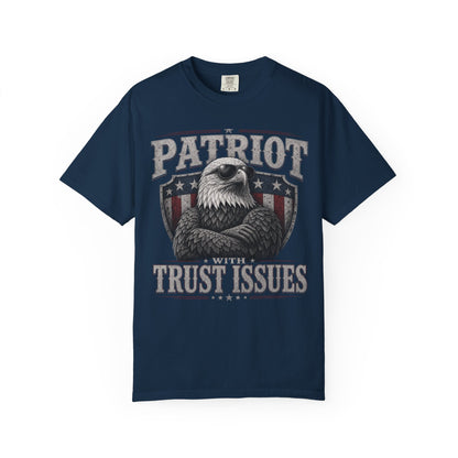 Navy t-shirt with "Patriot with Trust Issues" and an eagle wearing sunglasses.