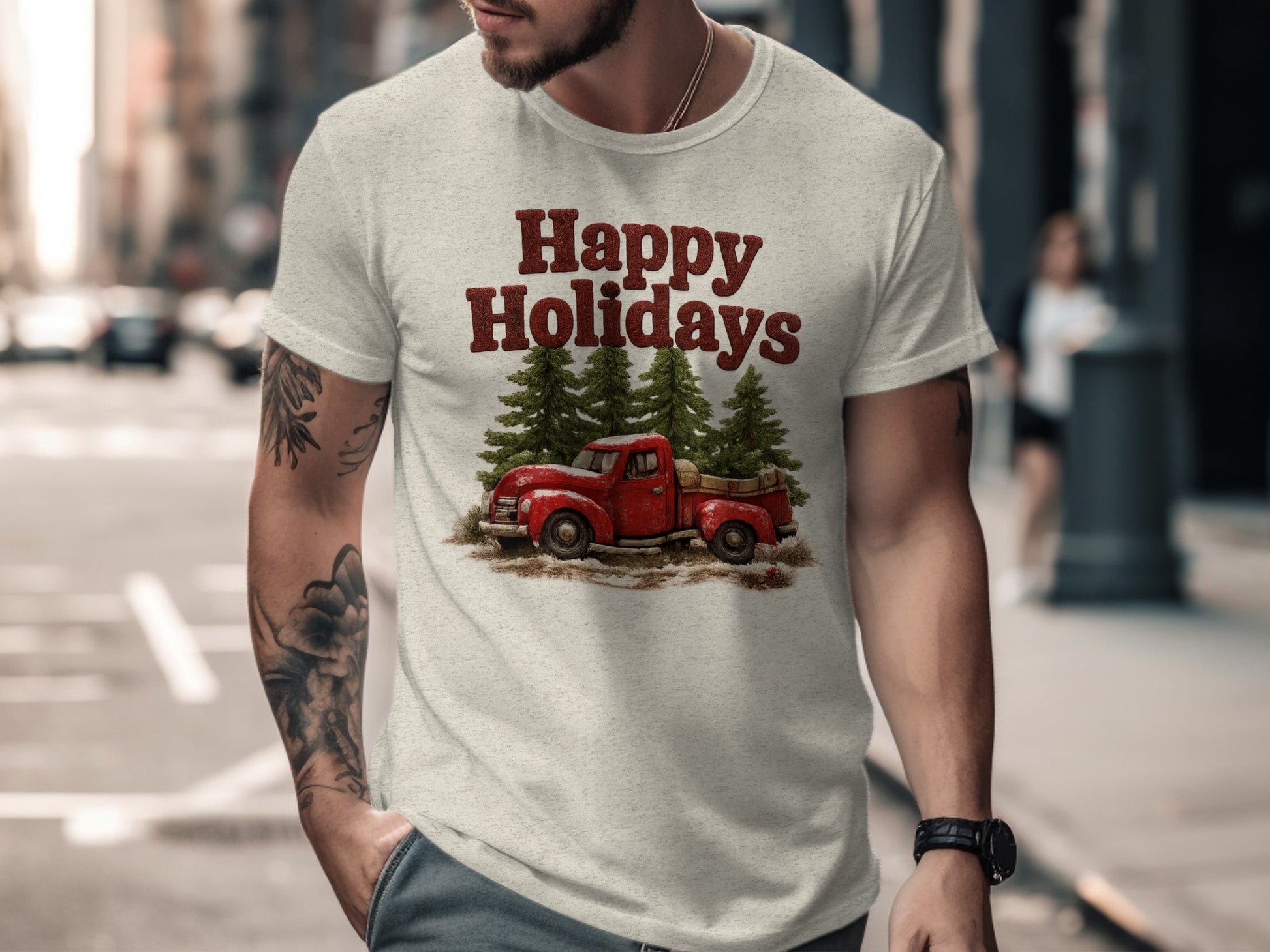 Vintage Red Truck Happy Holidays T-Shirt Design