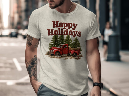 Vintage Red Truck Happy Holidays T-Shirt Design