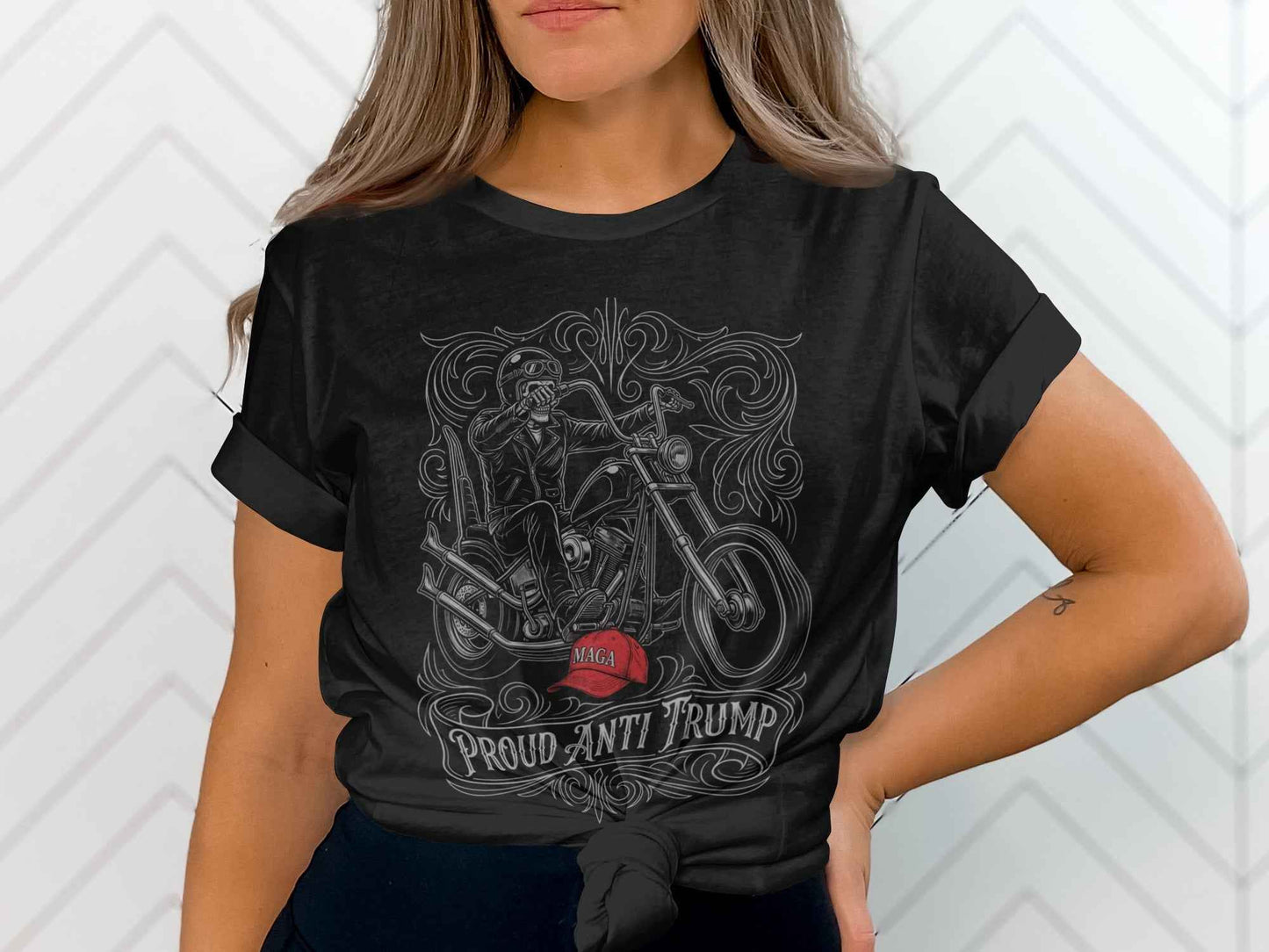 Proud Anti Trump T-Shirts, Skeleton Biker, MAGA Hat Statement, Motorcycle Rider, Political Protest, Unique Graphic T-Shirts