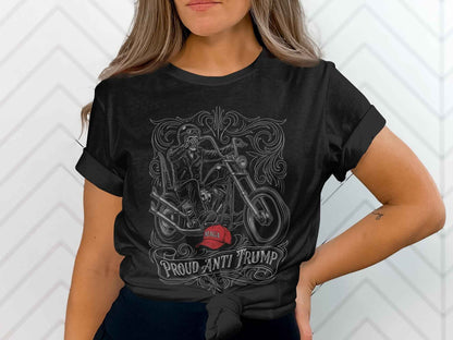 Proud Anti Trump T-Shirts, Skeleton Biker, MAGA Hat Statement, Motorcycle Rider, Political Protest, Unique Graphic T-Shirts