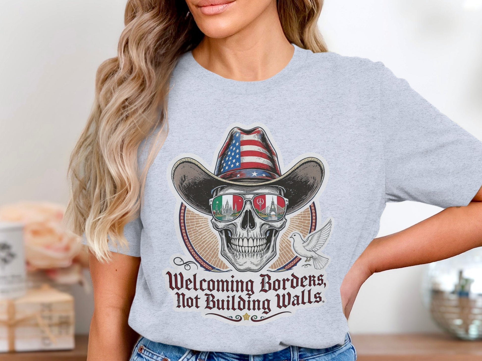 Welcoming Borders Not Building Walls Skull T-Shirt product