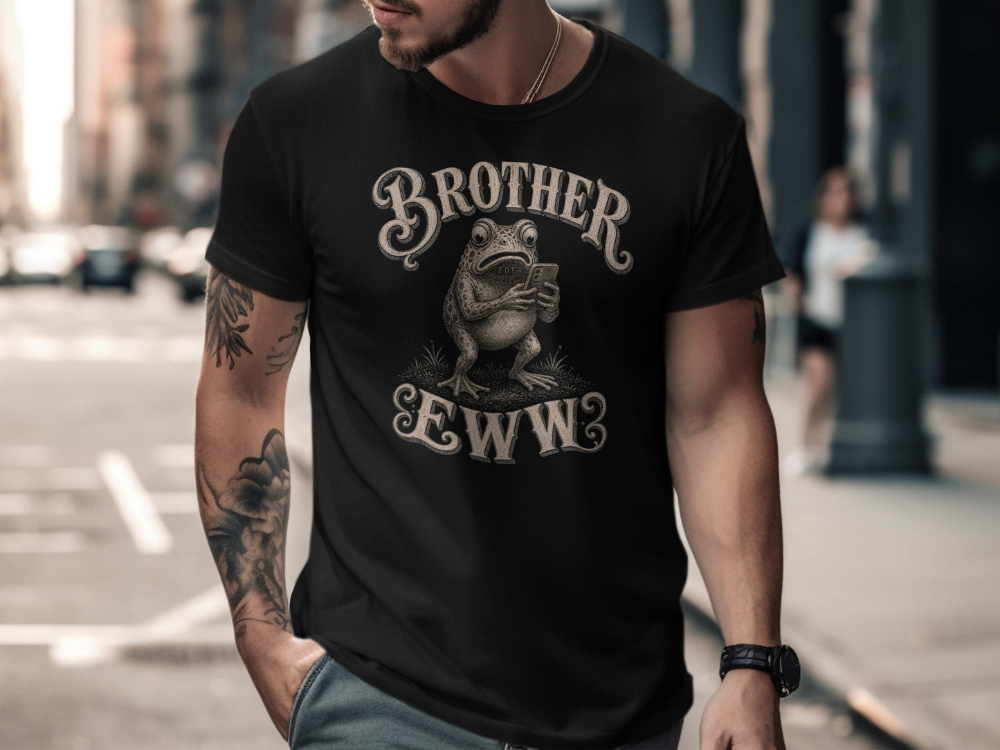Black t-shirt with "BROTHER EWW" text and a frog holding a phone.