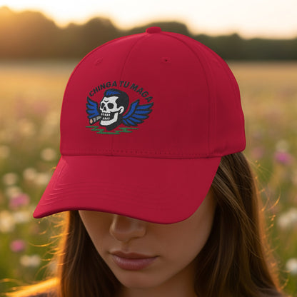 Bold Red Cap with Skull and Wings Embroidery product type