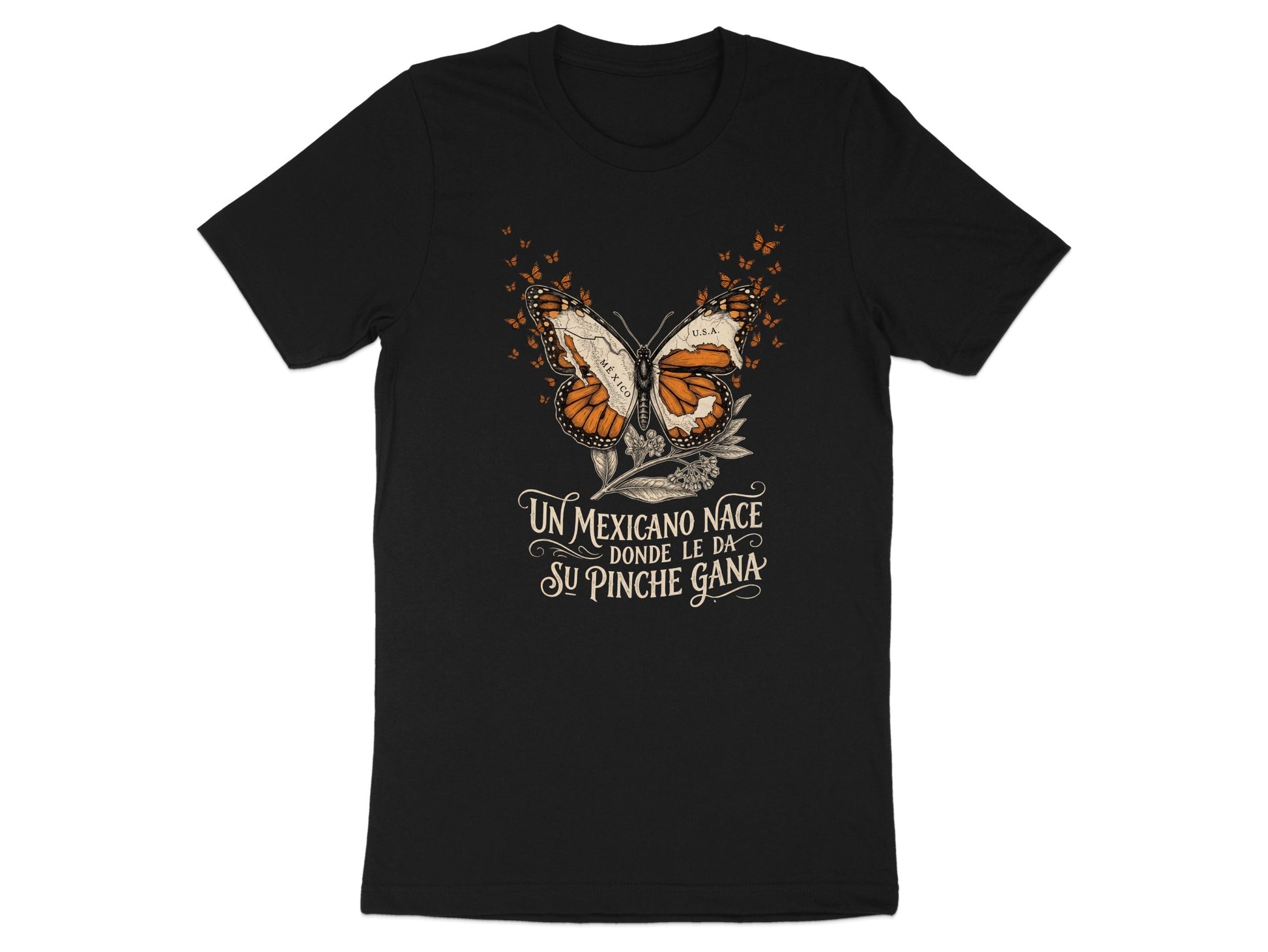 Black t-shirt with orange monarch butterflies forming Mexico and USA over text.