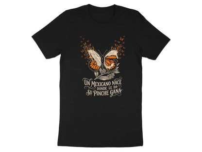 Black t-shirt with orange monarch butterflies forming Mexico and USA over text.