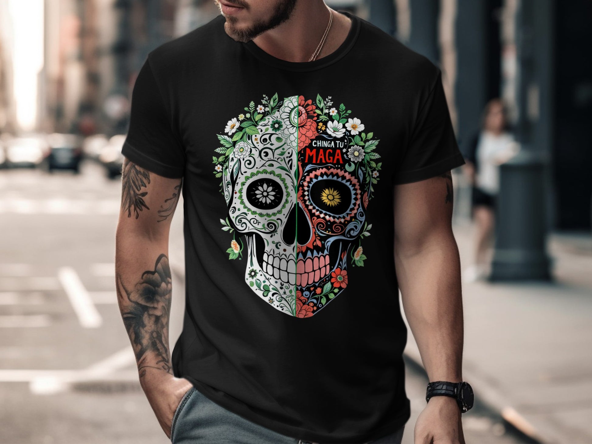 Vibrant Decorative Skull Design Black Shirt product type