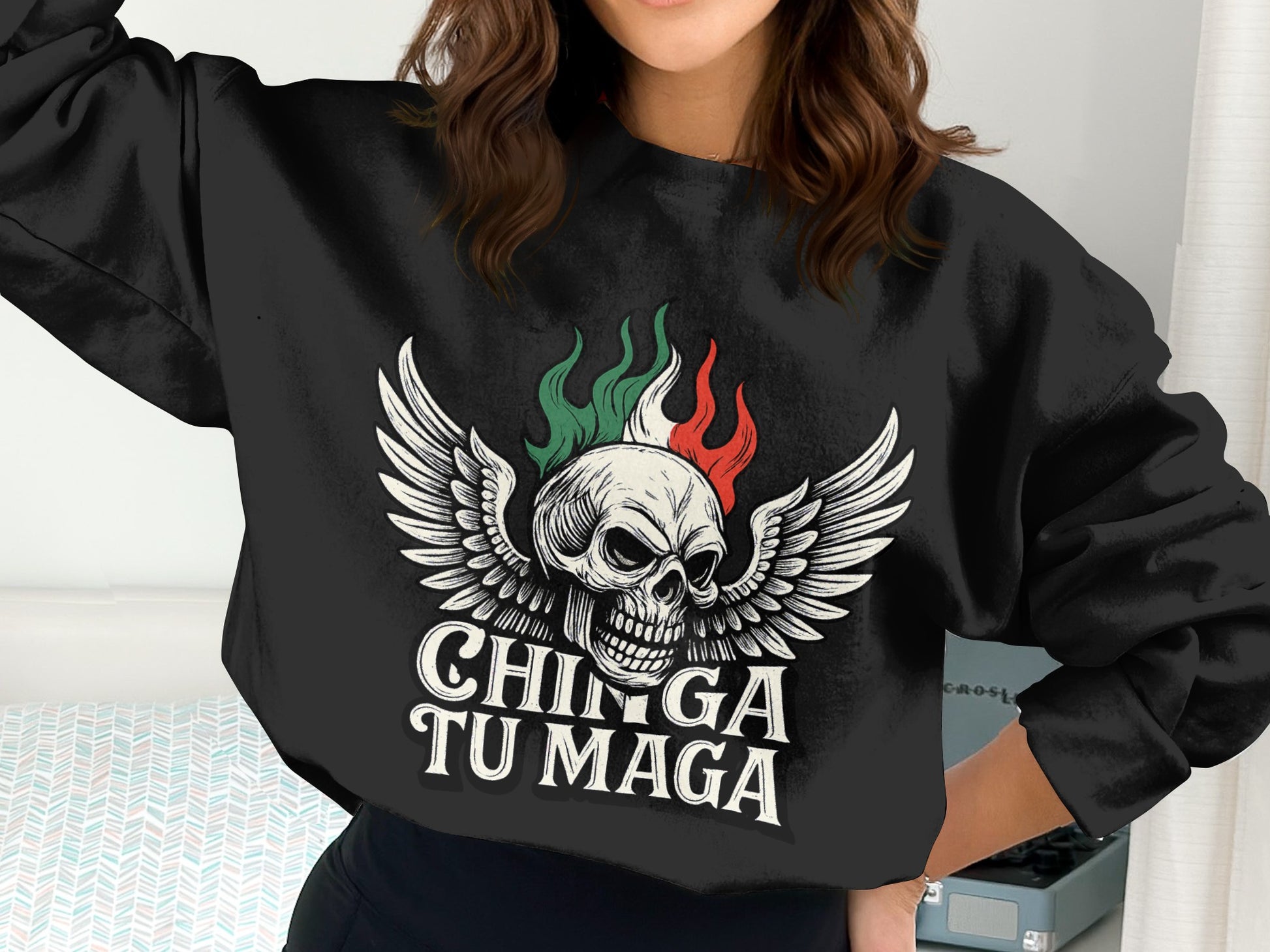 Chinga Tu Maga Skull Wing Graphic Black Sweatshirt product