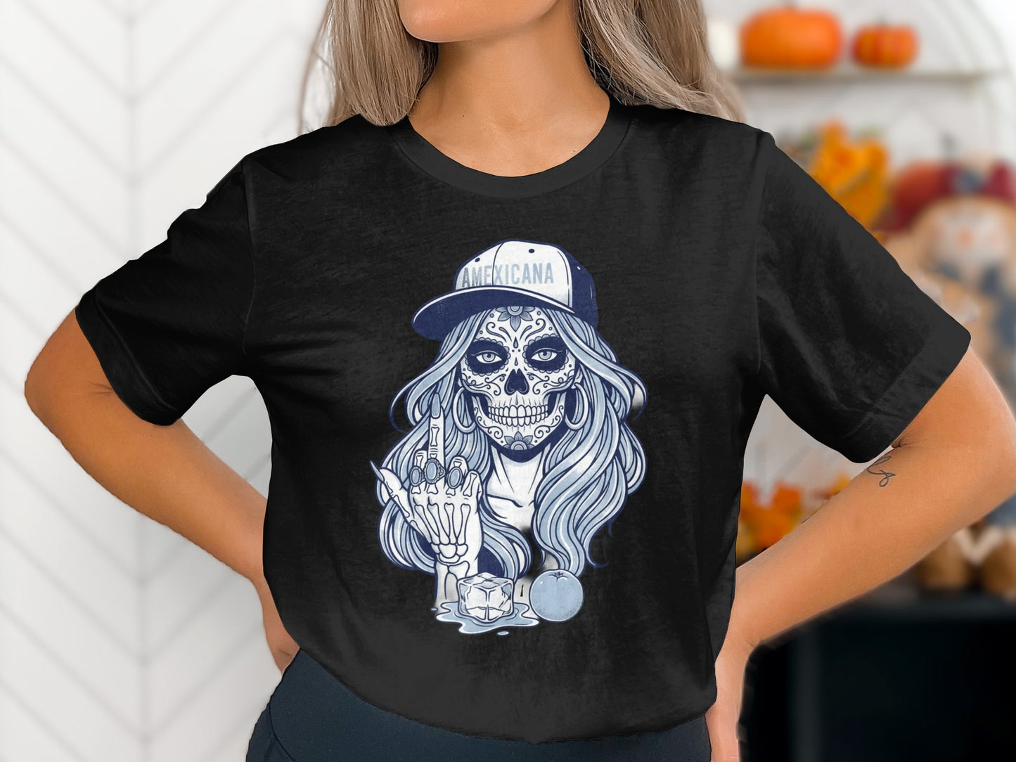 Americana Cap Skull Design Black T-shirt