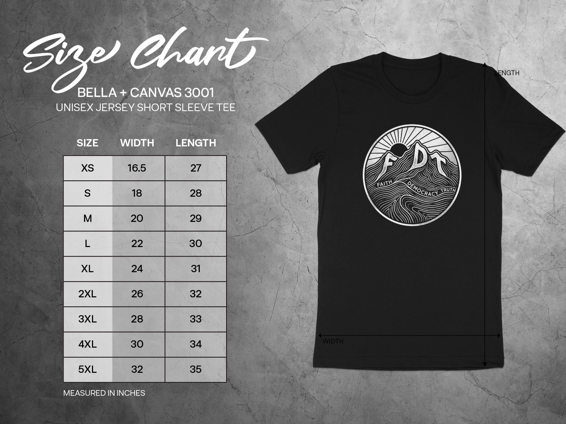 Size chart for Bella + Canvas 3001 unisex t-shirt, showing size, width, and length.