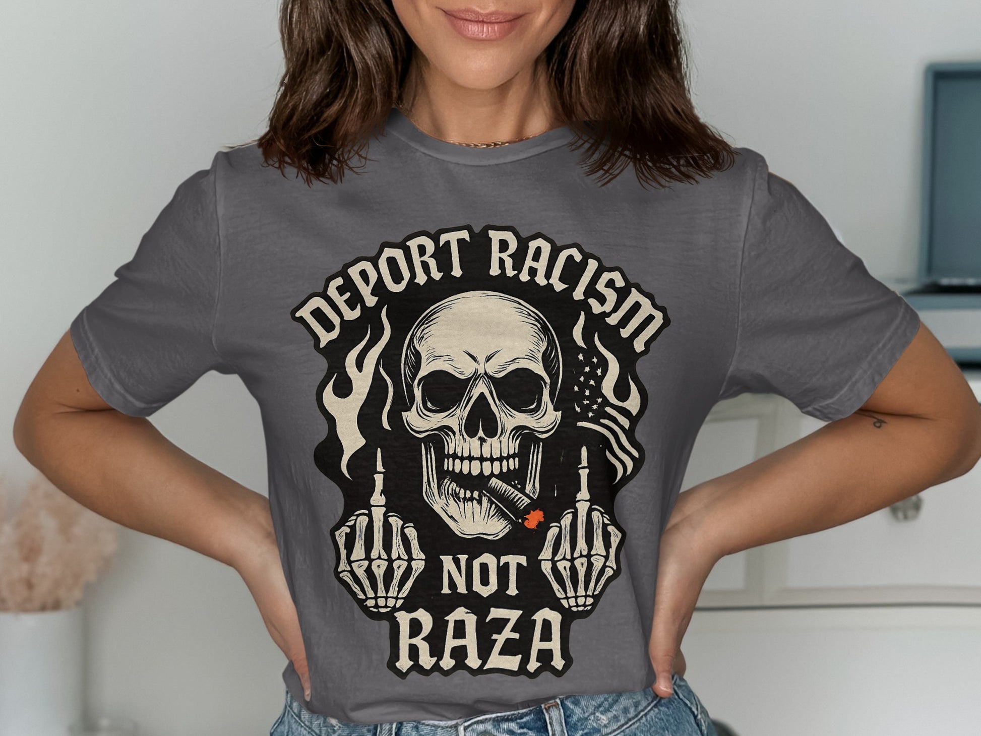 Deport Racism Not Raza Skull Graphic T-shirt product