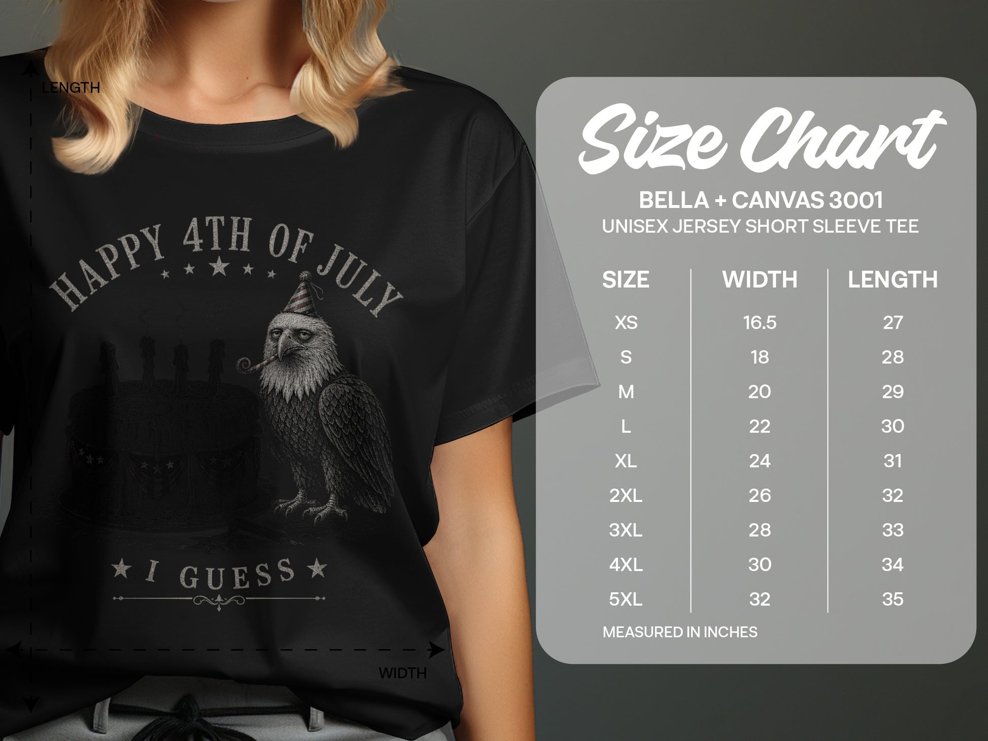 T-shirt with "Happy 4th of July" and eagle graphic, with size chart.