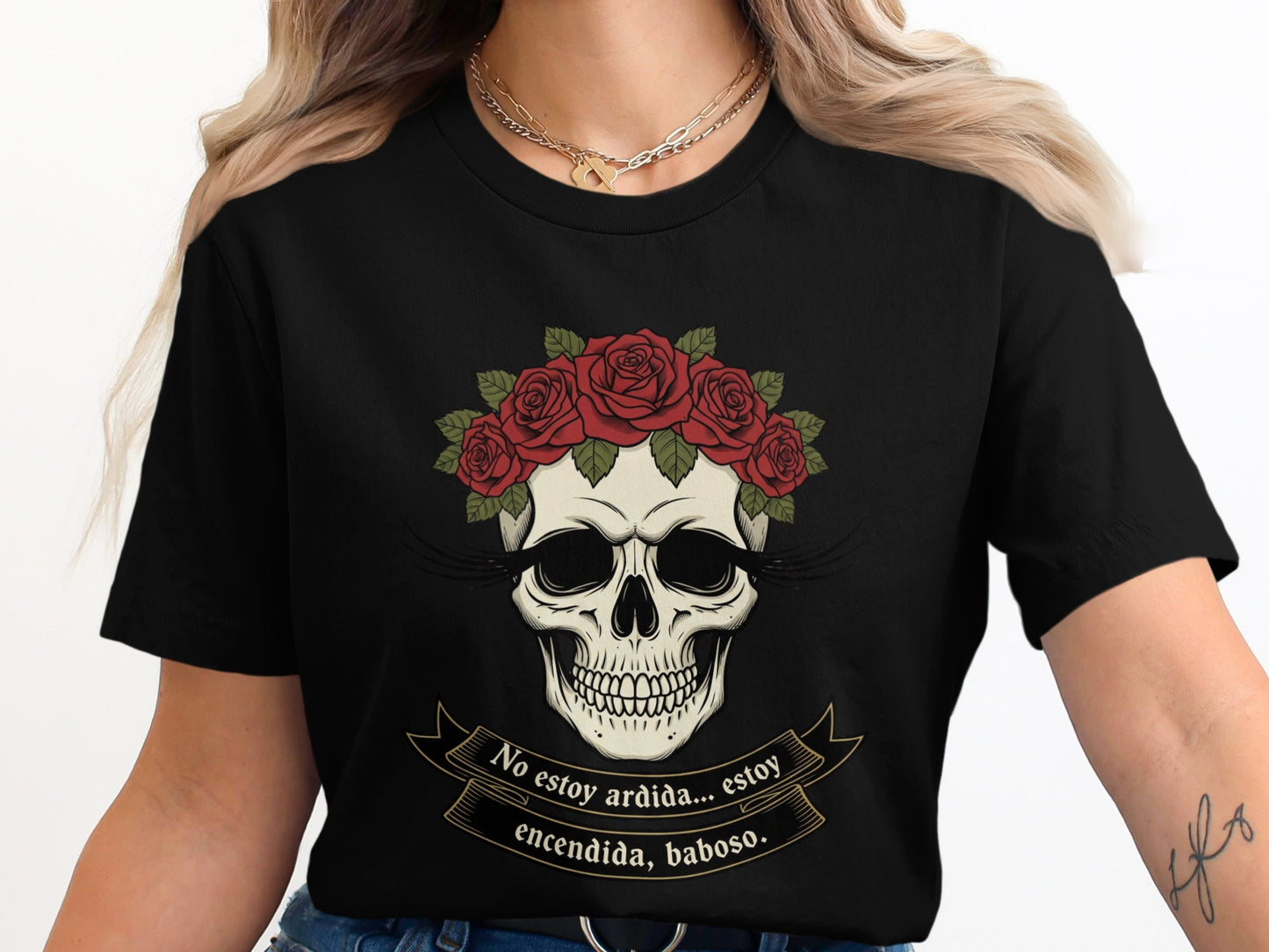 Skull with Roses Graphic Tee Spanish Text product