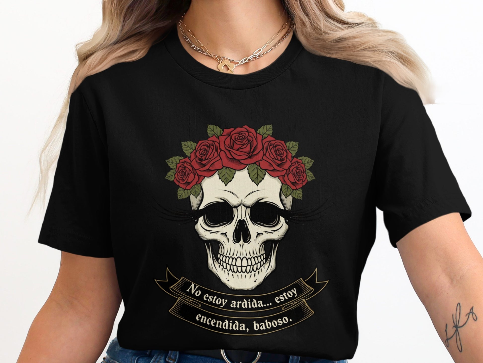 Skull with Roses Graphic Tee Spanish Text product