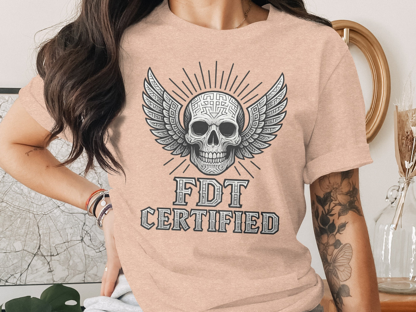 FDT Certified T Shirt with Winged Skull Design