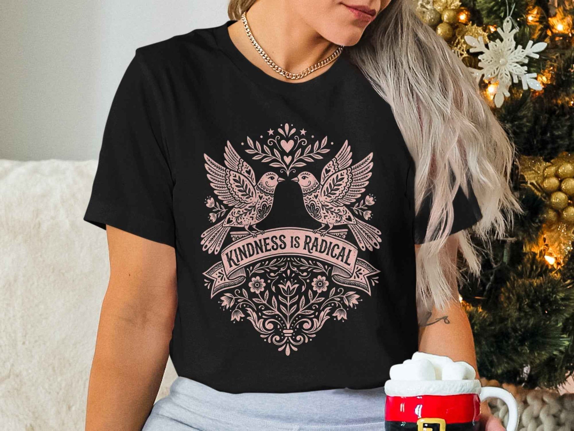 Kindness Is Radical T-Shirts, Empowering Folk Art Doves Design, Positive Message Floral Tee, Ornate Bird Lovers Graphic Top, Peace and Love