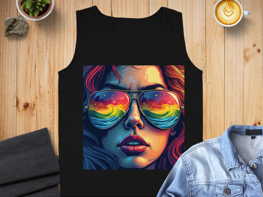 Stylish Tank Top with Vibrant Sunglasses Art product type